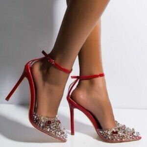 Azalea Wang Elegant Red Stiletto Heels with Crystal Embellishments